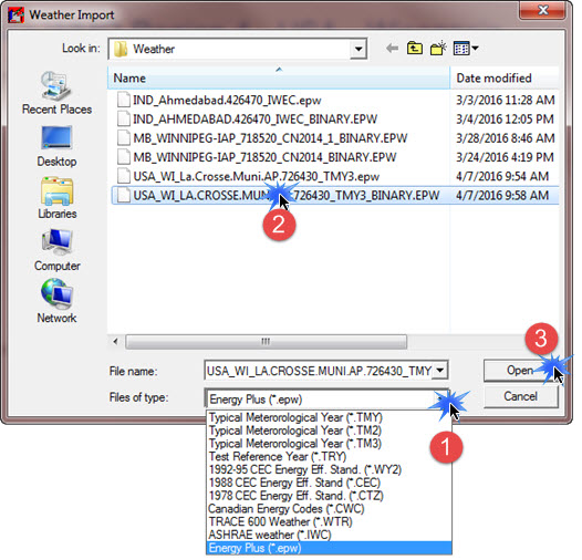 How do I import .epw weather files in TRACE 700?